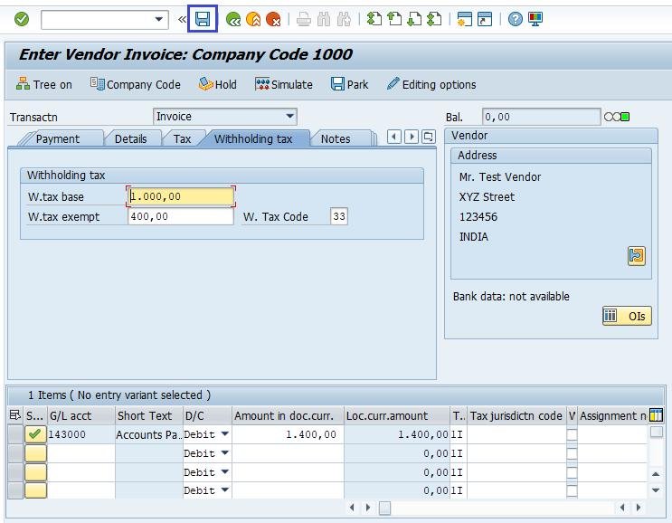 SAP Enter Vendor Invoice screen showing the withholding tax tab