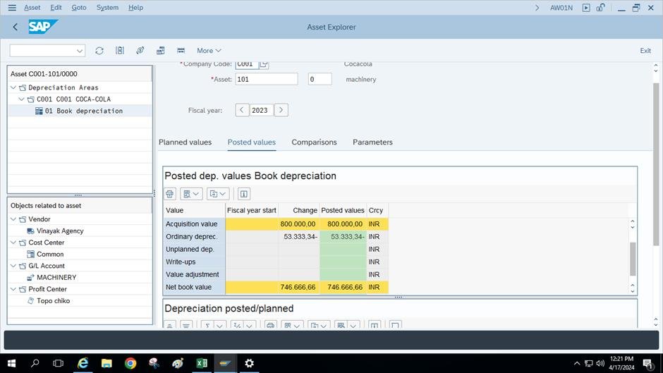 SAP Asset Explorer screen showing posted depreciation values for a fixed asset