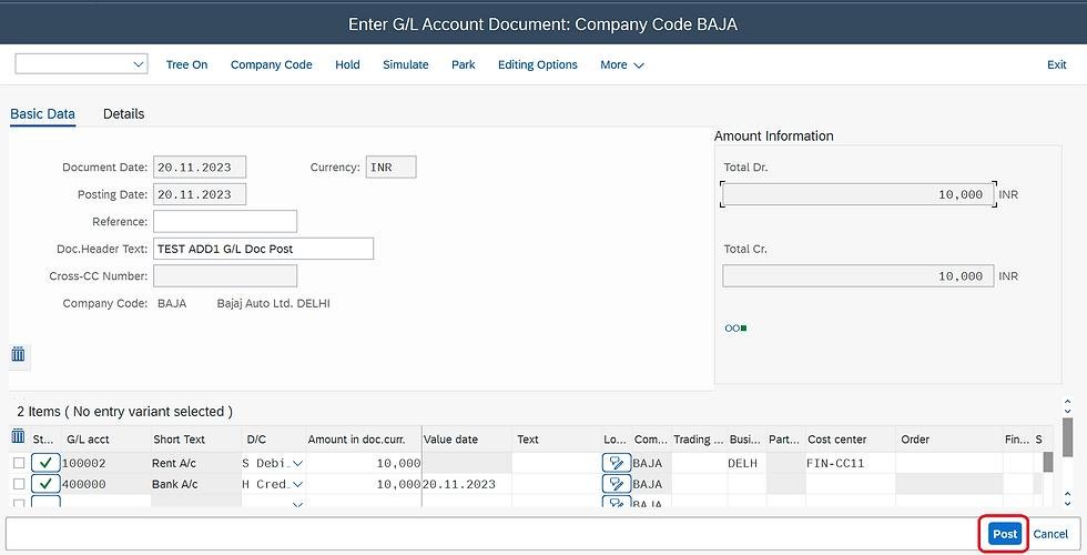 SAP screen for entering a G/L Account Document with debit and credit line items