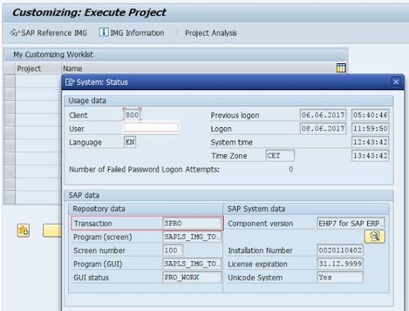 SAP Customizing project screen showing the System: Status popup with client, user and system details
