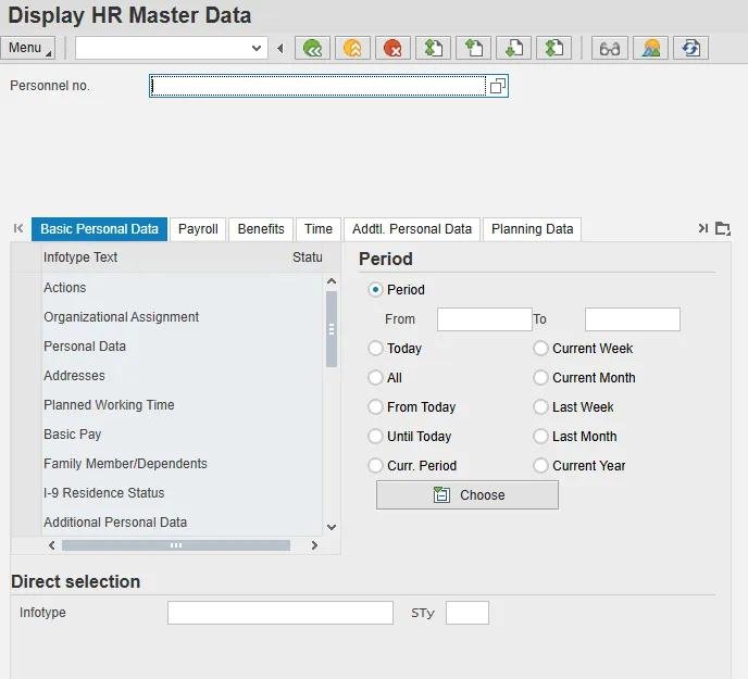 SAP Display HR Master Data screen with infotype list and personnel number field