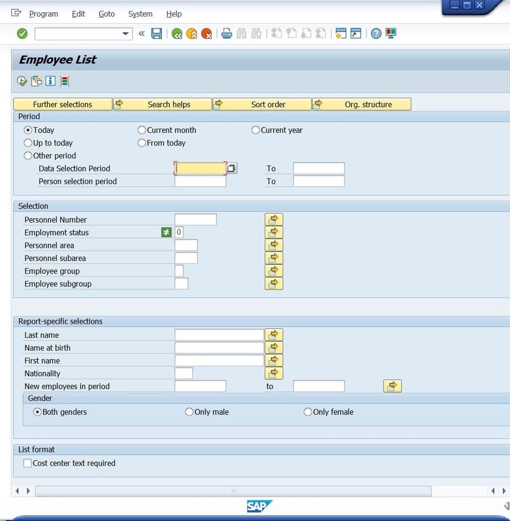 SAP Employee List report selection screen