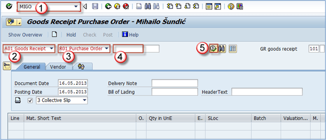 SAP MIGO Goods Receipt Purchase Order screen