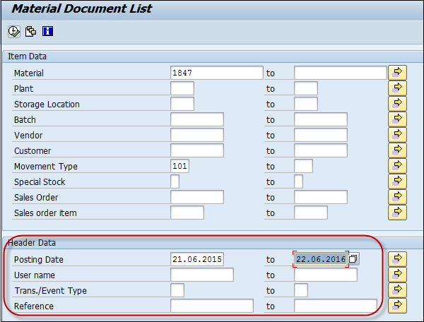 SAP Material Document List report screen