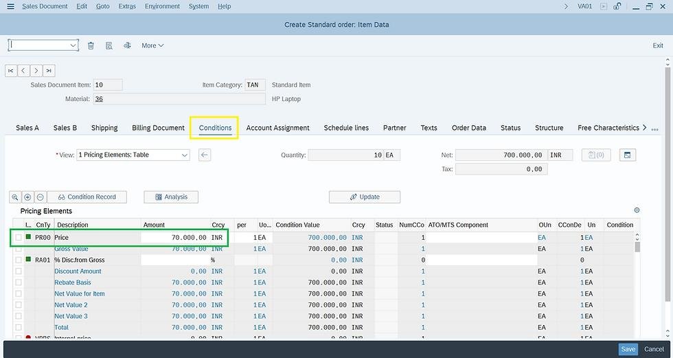 SAP sales order Conditions tab showing pricing elements and net value