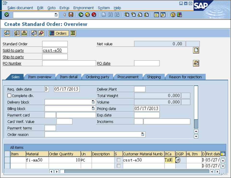 SAP Create Standard Order: Overview screen with sold-to party and item list