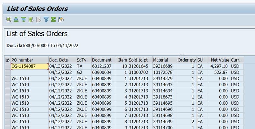 SAP List of Sales Orders report